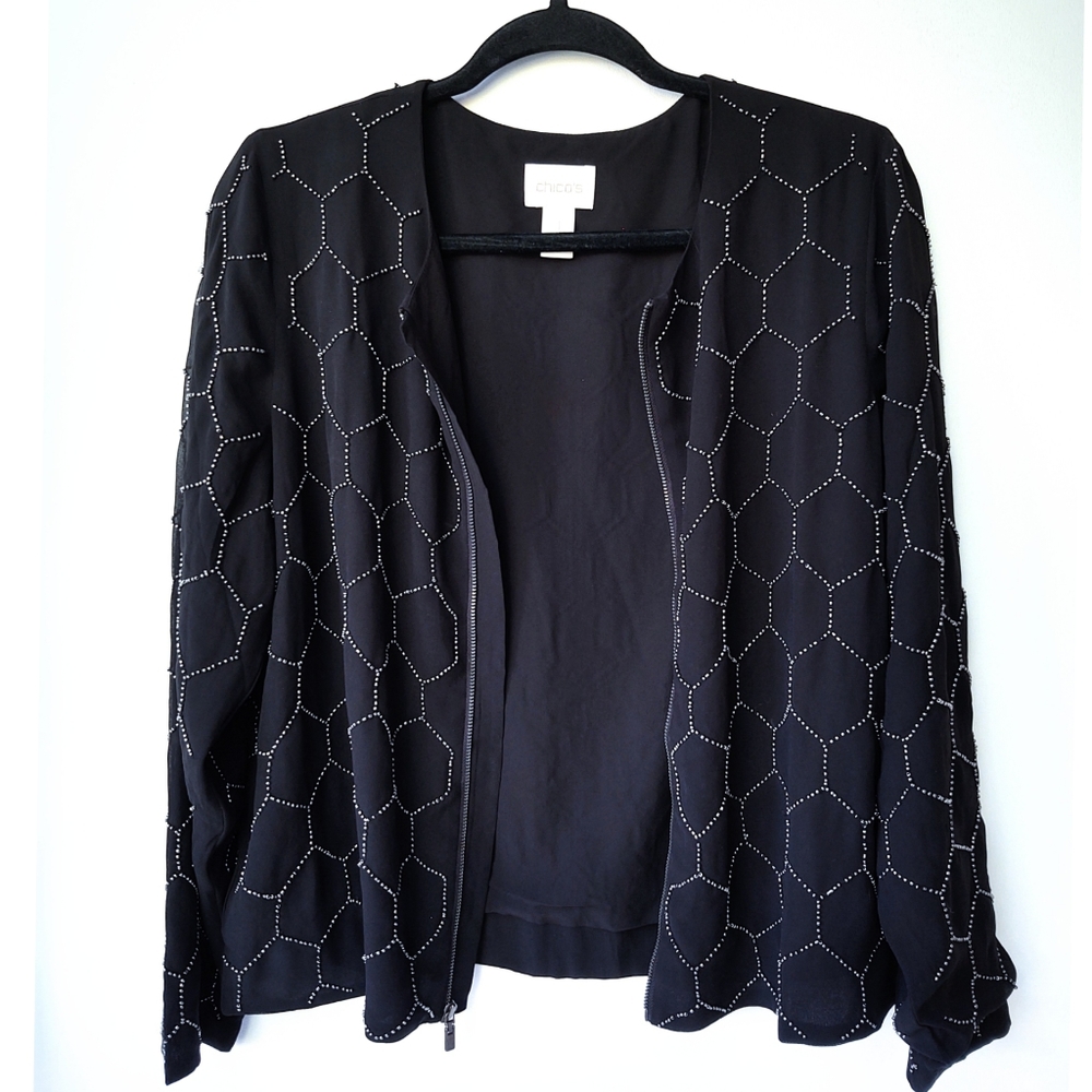 Chico's Honeycomb Beaded Jacket Chiffon Zip Front Size Medium - Picture 3 of 9